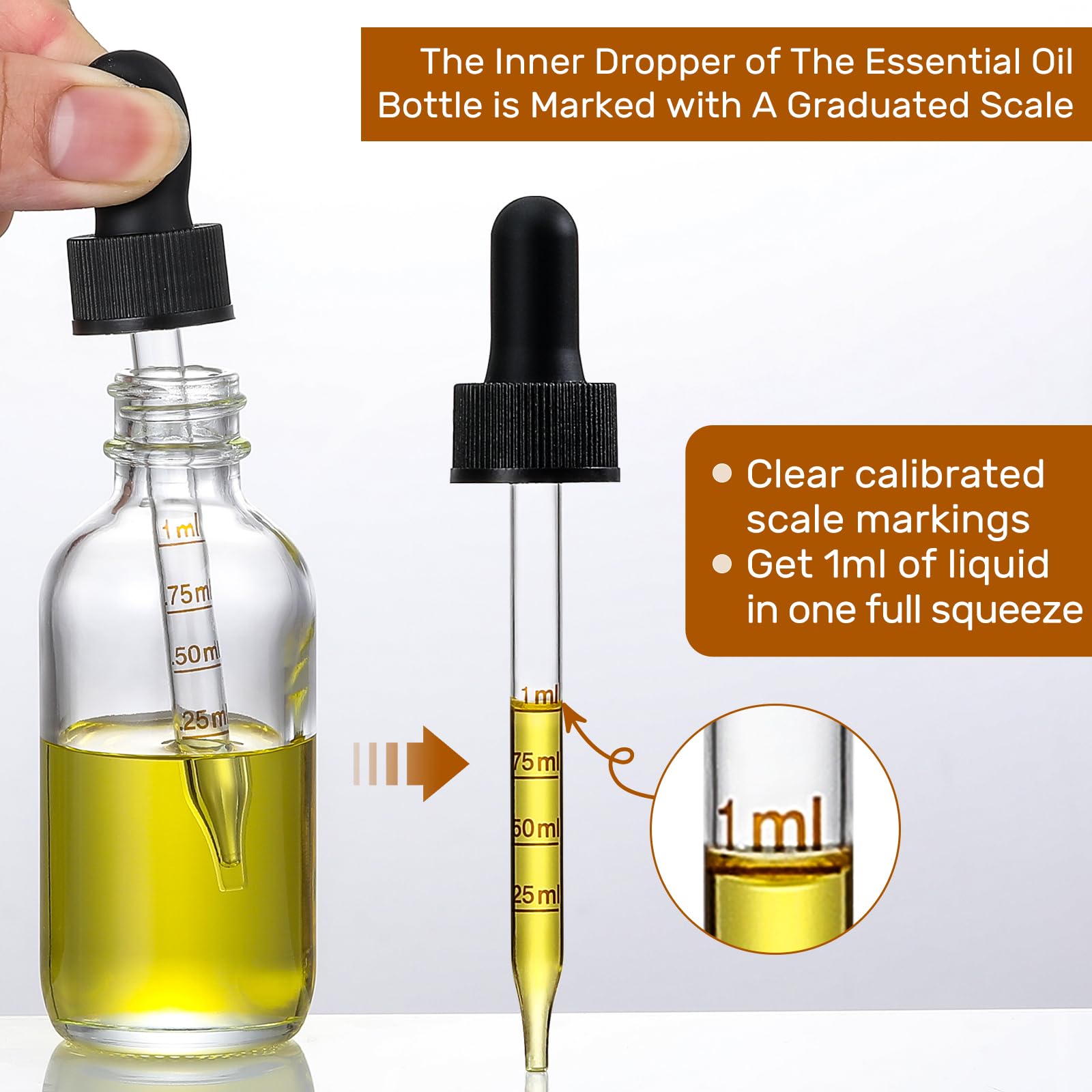 4 Pack 2 oz Glass Dropper Bottles with Measured Dropper - 60ml Dark Clear Tincture Bottles with Graduated Calibrated Glass Eye Droppers (1ml) for Essential Oils, Liquids - Leakproof Travel Bottles