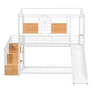 BOVZA House Bunk Bed with Slide and Stairs, Twin Over Twin Metal Bunk Beds Frame with Roof and Storage Staircase for Kids Boys Girls Teens, White