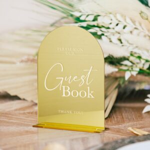 Set of 2 Gold Acrylic Wedding Signs, 5"x7" Gold Mirror Arch Acrylic Table Sign and Base, Modern Font TableTop Reception Sign for Wedding & Party Event (Gold, 5 x7 Inch)