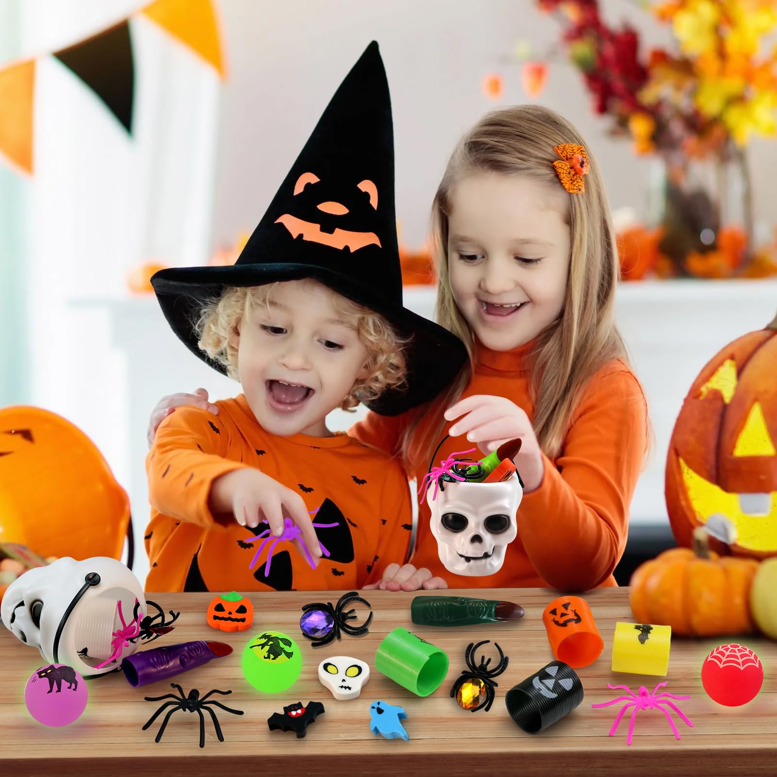 384PCS Halloween Party Favor Bulk for Kids, 48PACK Prefilled Ghost Cauldrons with 6 Halloween Toys inside, Halloween Goodie Bag Fillers, Halloween Prizes Gifts Miniatures for Kids,Trick or Treat