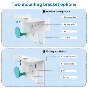 KYZDZQ Hair Dryer Holder Wall Mounted, New Upgrade Self-Adhesive or Perforated Installation Blow Dryer Holder, Compatible with Most Hair Dryers, White