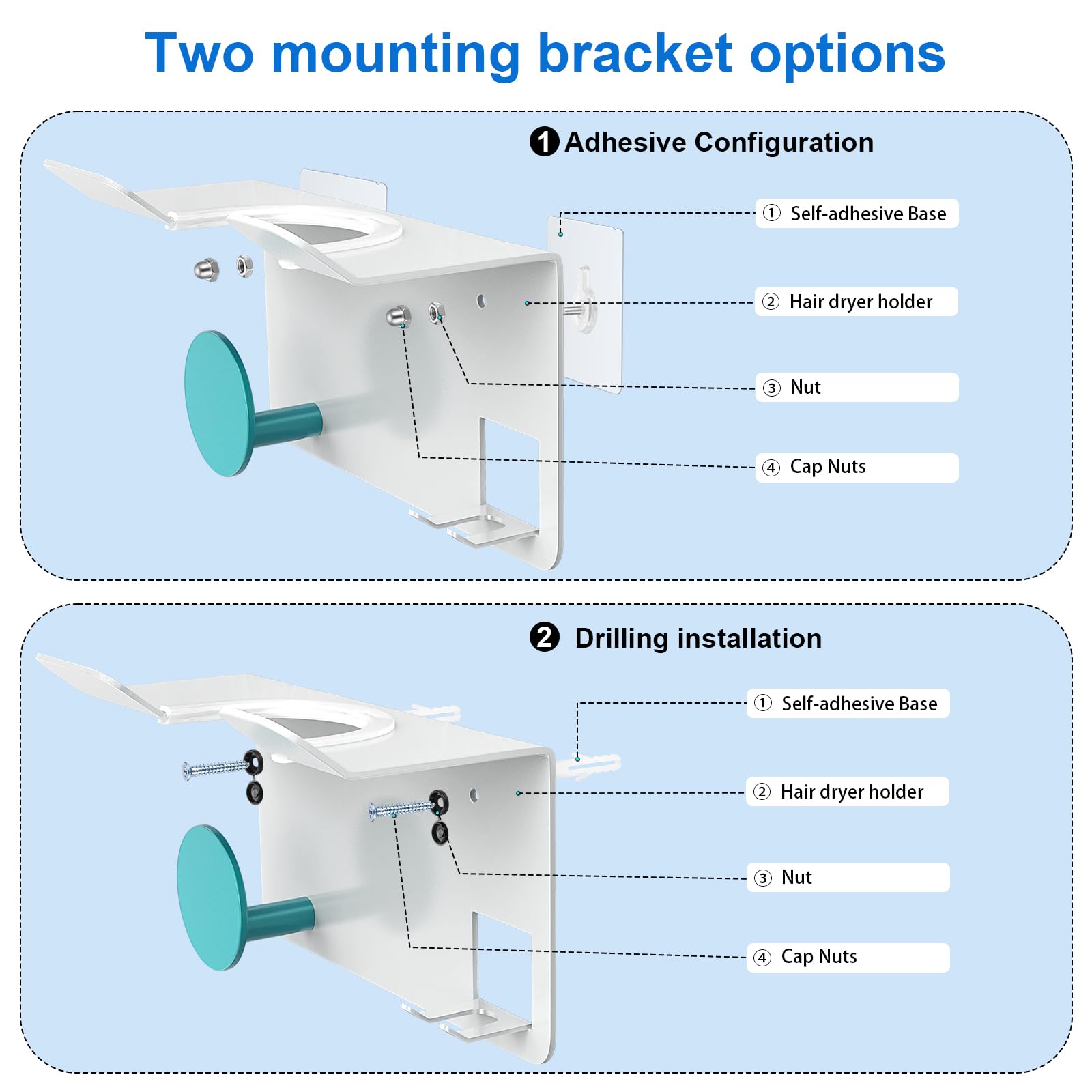 KYZDZQ Hair Dryer Holder Wall Mounted, New Upgrade Self-Adhesive or Perforated Installation Blow Dryer Holder, Compatible with Most Hair Dryers, White