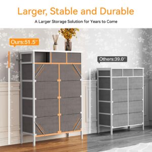 Casaottima Dresser with Charging Station, 52-Inch Tall Dresser for Bedroom, Large Dresser with 11 Storage Drawers, Fabric Chest of Drawers for Living Room, Light Grey