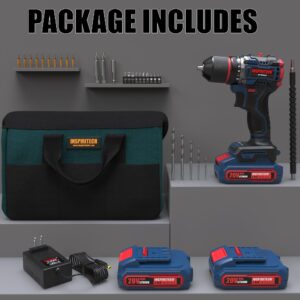 INSPIRITECH 20V Cordless Drill Set, Brushless Power Drill Set with 2 Batteries and Charger,3/8-Inch Metal Chuck Electric Drill Driver,22 Torque Setting,Drill/Driver Bits and Tool Bag Included