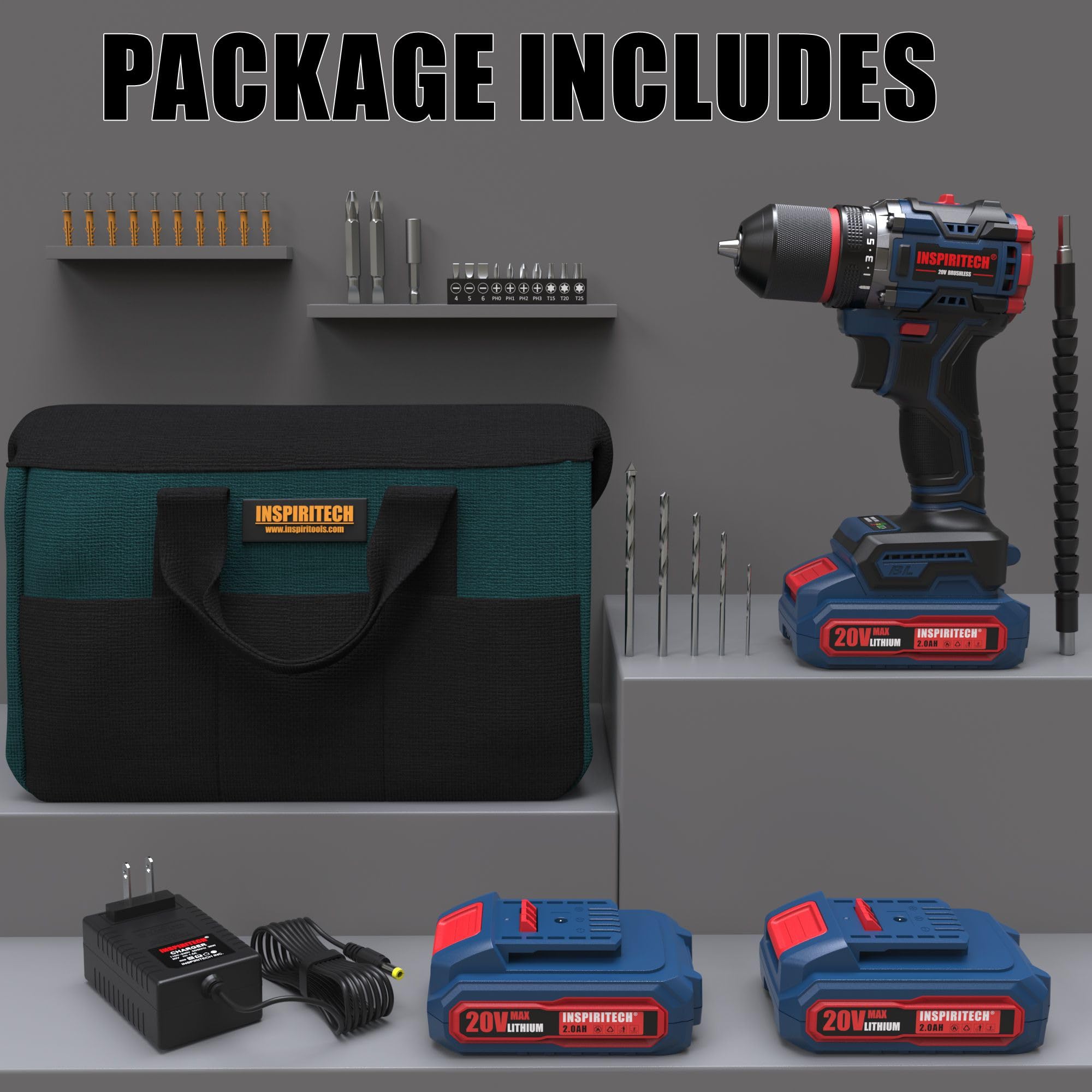 INSPIRITECH 20V Cordless Drill Set, Brushless Power Drill Set with 2 Batteries and Charger,3/8-Inch Metal Chuck Electric Drill Driver,22 Torque Setting,Drill/Driver Bits and Tool Bag Included