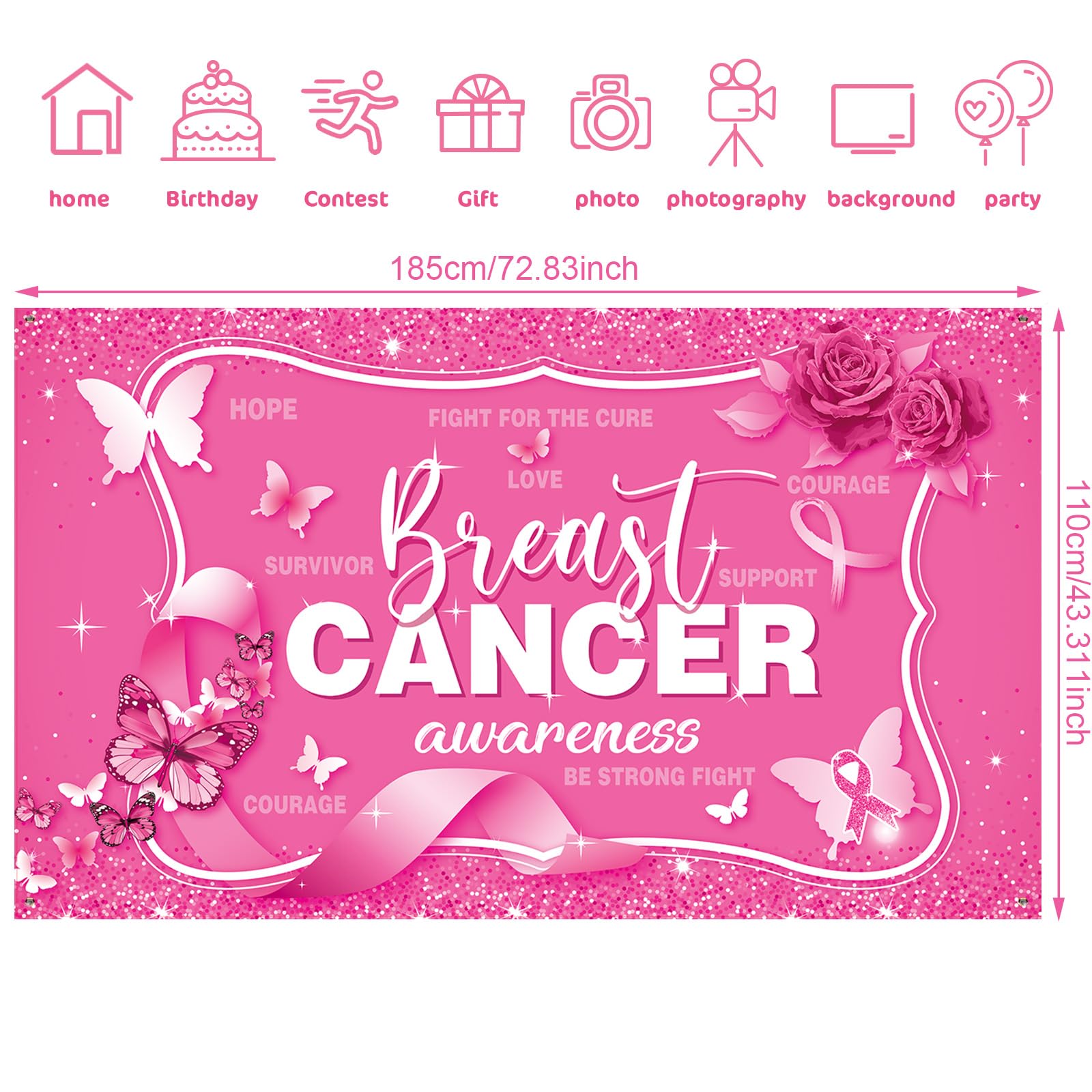 Tiamon Breast Cancer Awareness Backdrop Decorations Banner, Pink Ribbon Hope Party Survivor Party for Photography Background Pink Ribbon Walk Charity Party Supplies, 43.31 x 72.83 Inch (Pink, White)