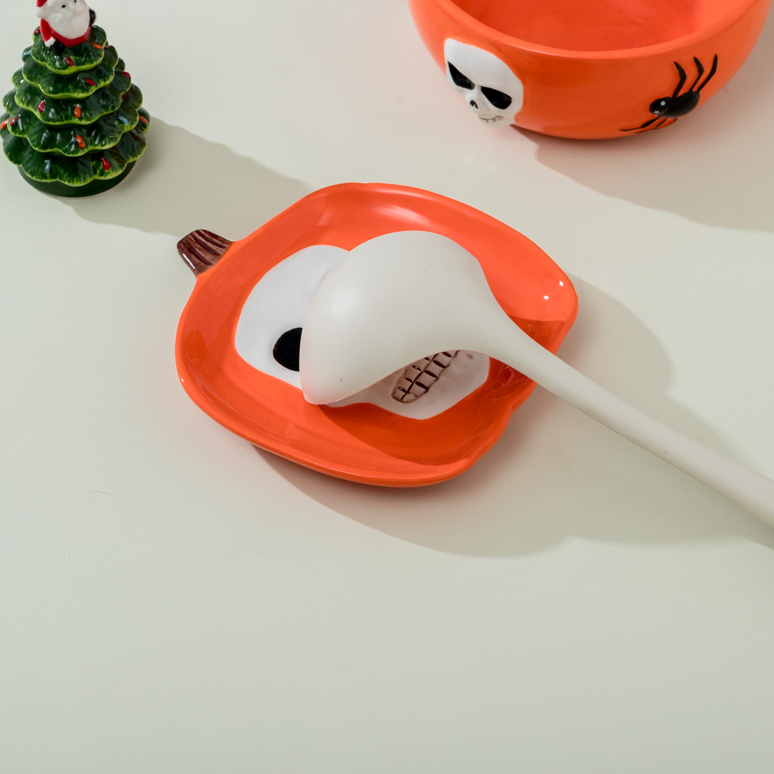 Halloween Spoon Rest - Pumpkin Shaped Skull Design - Ceramic Spoon Holder for Kitchen - Perfect Halloween Decor and Utensil Rest for Spooky Season