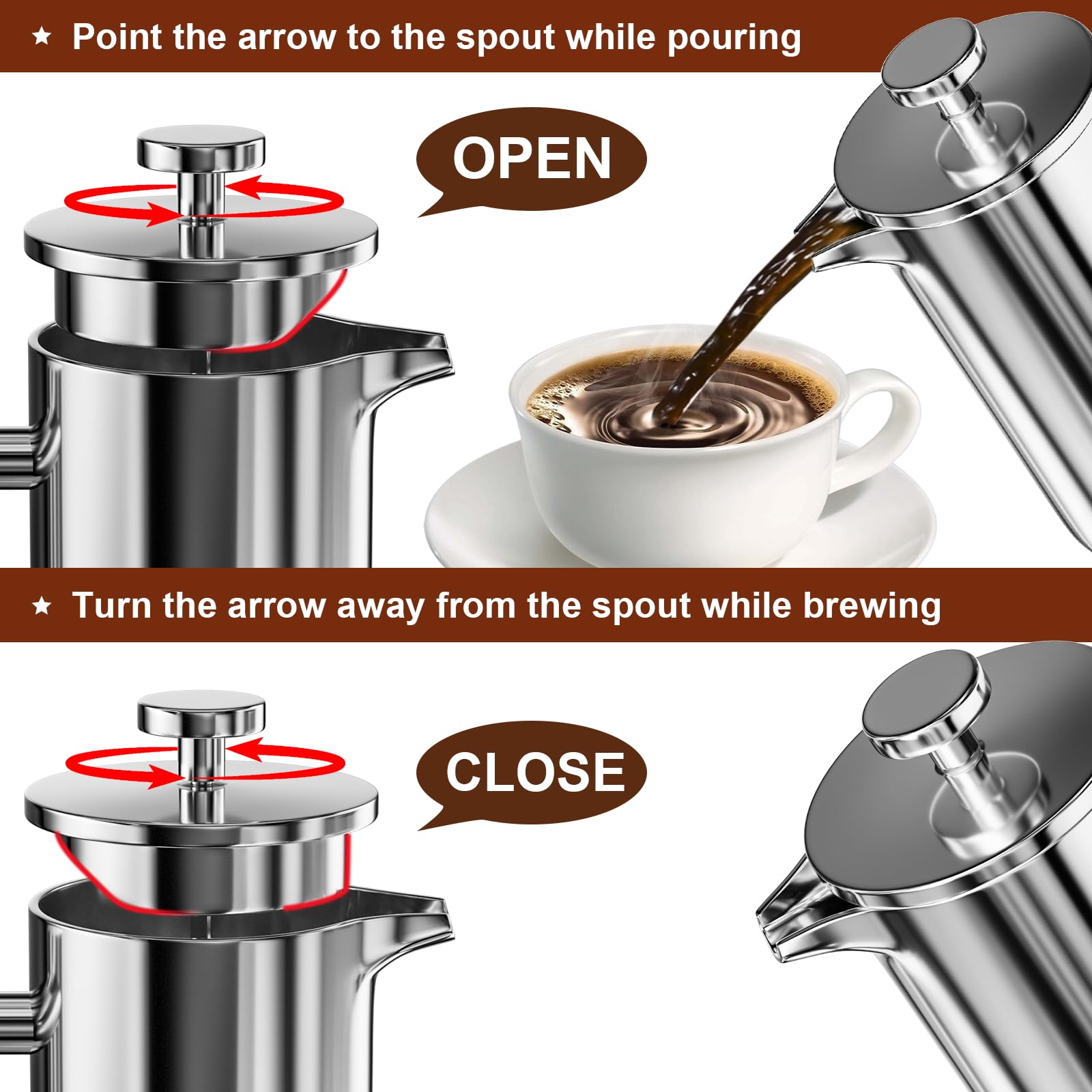 Jewheg Small French Press Coffee Maker, 12OZ/350ML Stainless Steel Insulated Coffee Press ，Double Wall Insulated French Press，Easy Press Strong Quality Metal Coffee Press.