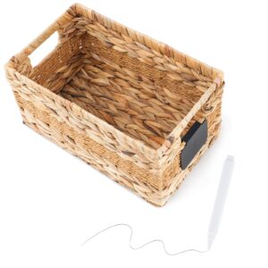 blejoy wicker storage basket, natural water hyacinth baskets for organizing, decorative storage basket for shelves with built-in handle, handwoven wicker baskets with letter plate, 1-pack