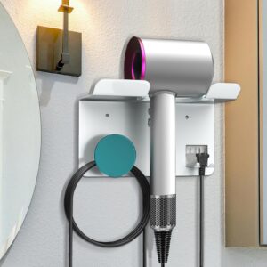 KYZDZQ Hair Dryer Holder Wall Mounted, New Upgrade Self-Adhesive or Perforated Installation Blow Dryer Holder, Compatible with Most Hair Dryers, White