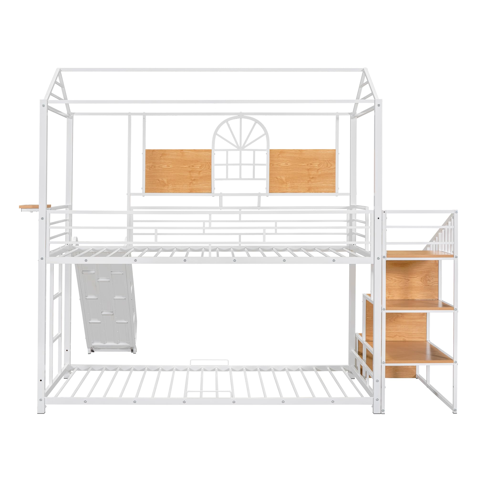 BOVZA House Bunk Bed with Slide and Stairs, Twin Over Twin Metal Bunk Beds Frame with Roof and Storage Staircase for Kids Boys Girls Teens, White