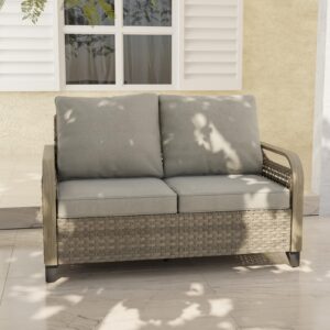 EAGLE PEAK Wicker Outdoor Patio Sofa Modern Rattan Patio Furniture Loveseat for Backyard Deck Porch Balcony, 2 Seat Loveseat, Brown/Gray