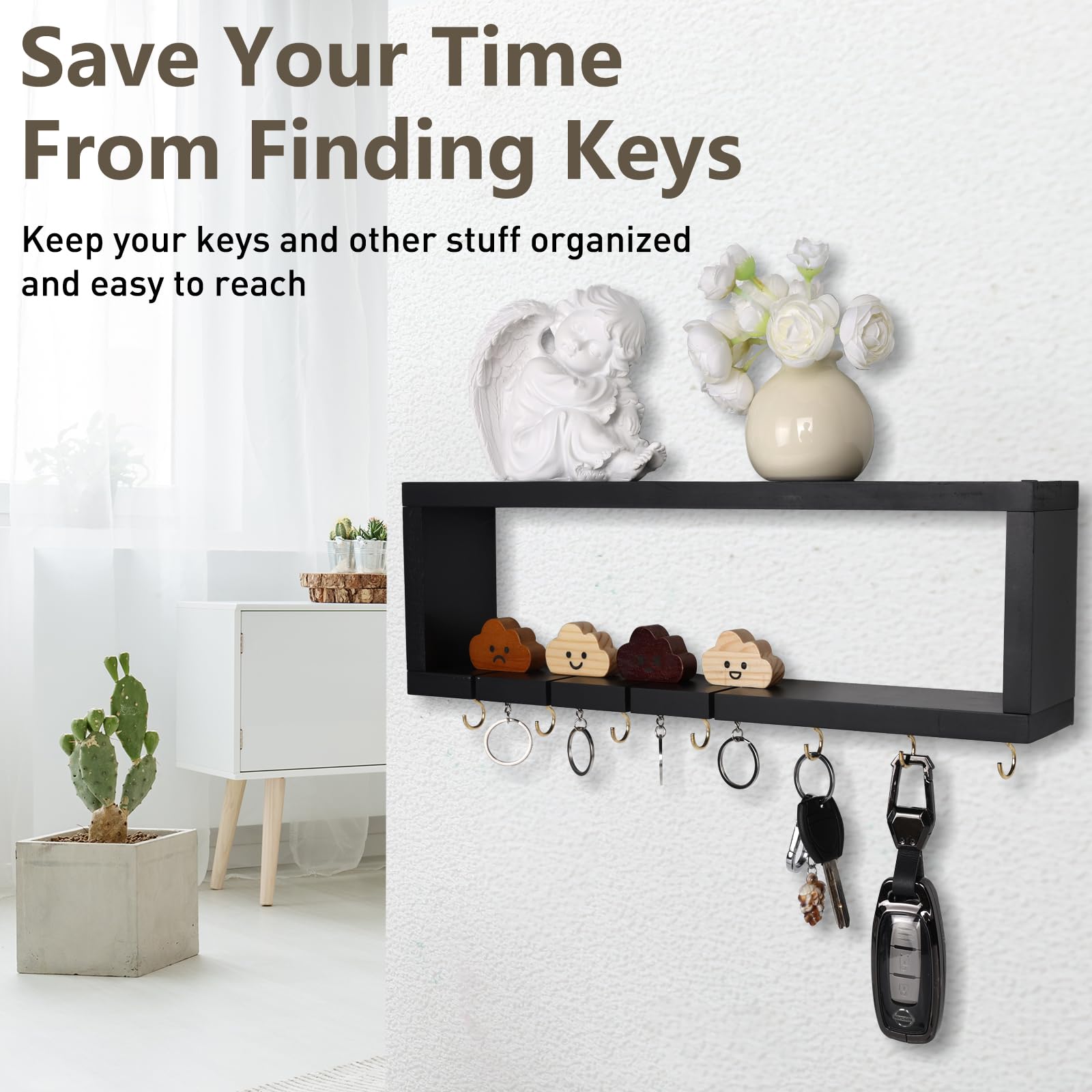 MOFASVIGI Key Holder for Wall, Wall Mount Key Rack with 4 Cute Key Chains and 7 Hooks, Wood Key Hanger Floating Shelf for Entryway Entrance Front Door Home Decor