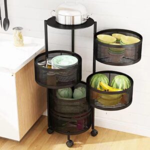 clinmday Rotating Storage Shelf with Wheels, Fruit Vegetable Basket for Kitchen Cart with top lid Bathroom Shelf, Kitchen Organization and Storage, Metal Wire Wheels (3 4 5-Tier, Black) Black Five La