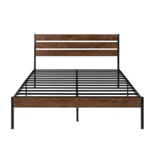 ACQCA Queen Size Bed Frame with Wooden Headboard and Footboard, Industrial Platform Bed with Heavy Duty Metal Slat Support, Under Bed Storage,Free Noise,No Box Spring Needed, Brown