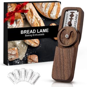 elegant magnetic bread lame dough scoring tool,lame bread tool with turntable design,bread scoring knife for bread baking & sourdough baking,bread razor tool with 5 razor blades-black walnut wood