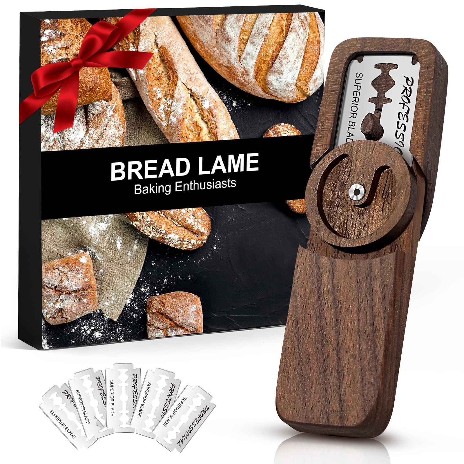 Elegant Magnetic Bread Lame Dough Scoring Tool,Lame Bread Tool with Turntable Design,Bread Scoring Knife for Bread Baking & Sourdough Baking,Bread Razor Tool with 5 Razor Blades-Black Walnut Wood