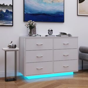 Tohomeor Dresser with Power Outlet & LED Lights, Modern Chest of Drawers for Closet, Fabric Drawers with PU Finish Small TV Console Table Dresser for Bedroom Living Room (White, 6 Drawers)