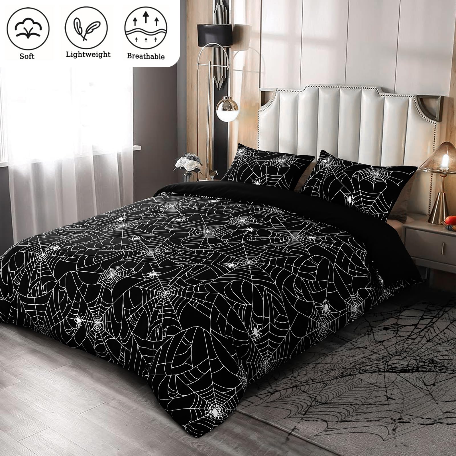 FRAMICS 3 Piece Halloween Duvet Cover Queen Size Spider Web Duvet Cover Set Halloween Bedding Set with Zipper Closure Black Comforter Cover Set Includes 1 Duvet Cover 90 x 90 inches & 2 Pillow Shams