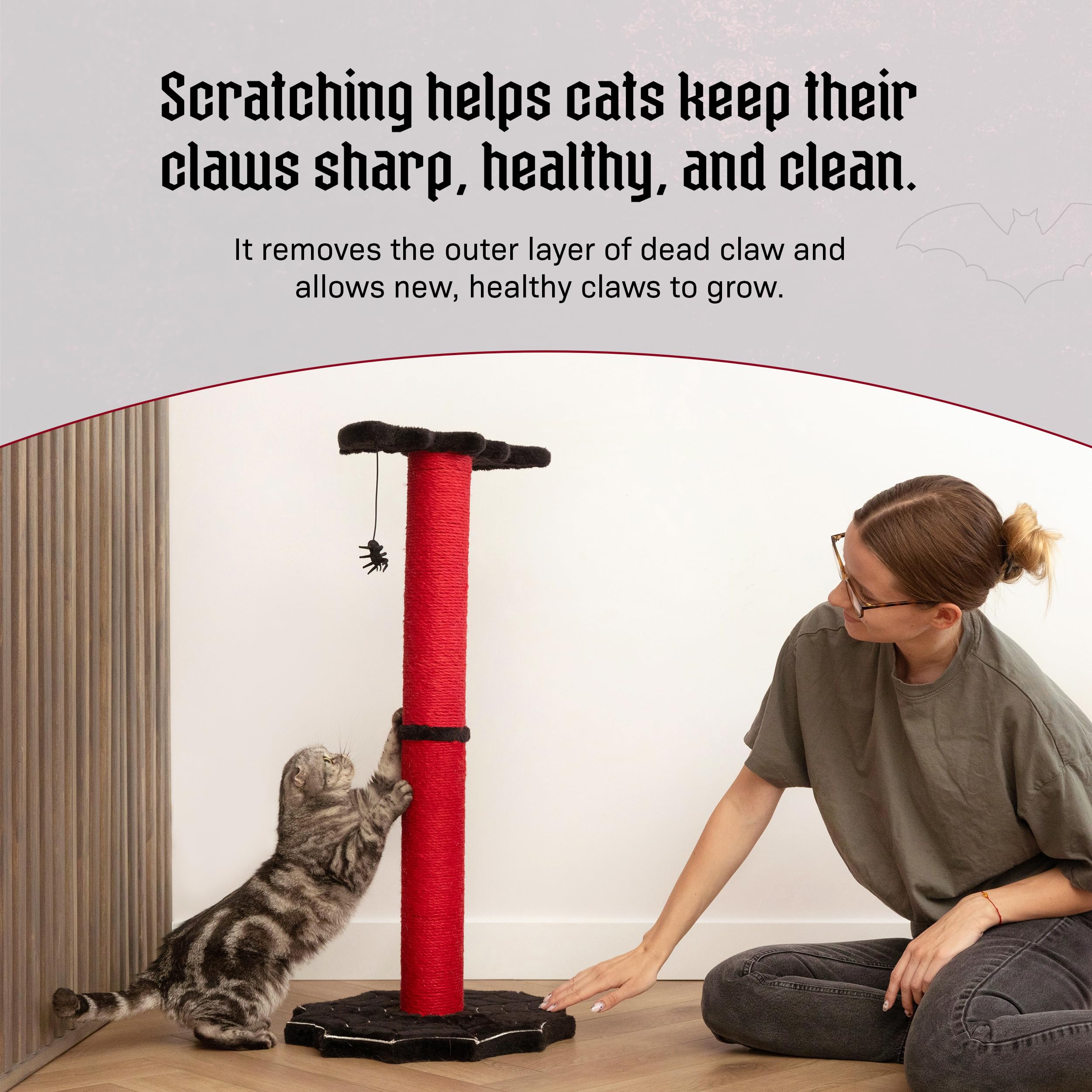 Gothic Cat Scratching Post 34 inch with Sturdy Spider Web Floor Foundation and Bat Shaped Top with Spider Toy, Halloween Cat Scratcher, Cat Tower with Scratching Post, Black and Red Color Littlesy