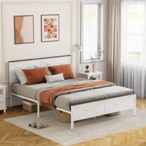 VOPEAK Farmhouse Queen Bed Frame with Headboard and Footboard, Bed Frame Queen Size Metal Platform with Under Bed Storage, Noise Free, No Box Spring Needed, Easy to Install, Sturdy & Stable, White