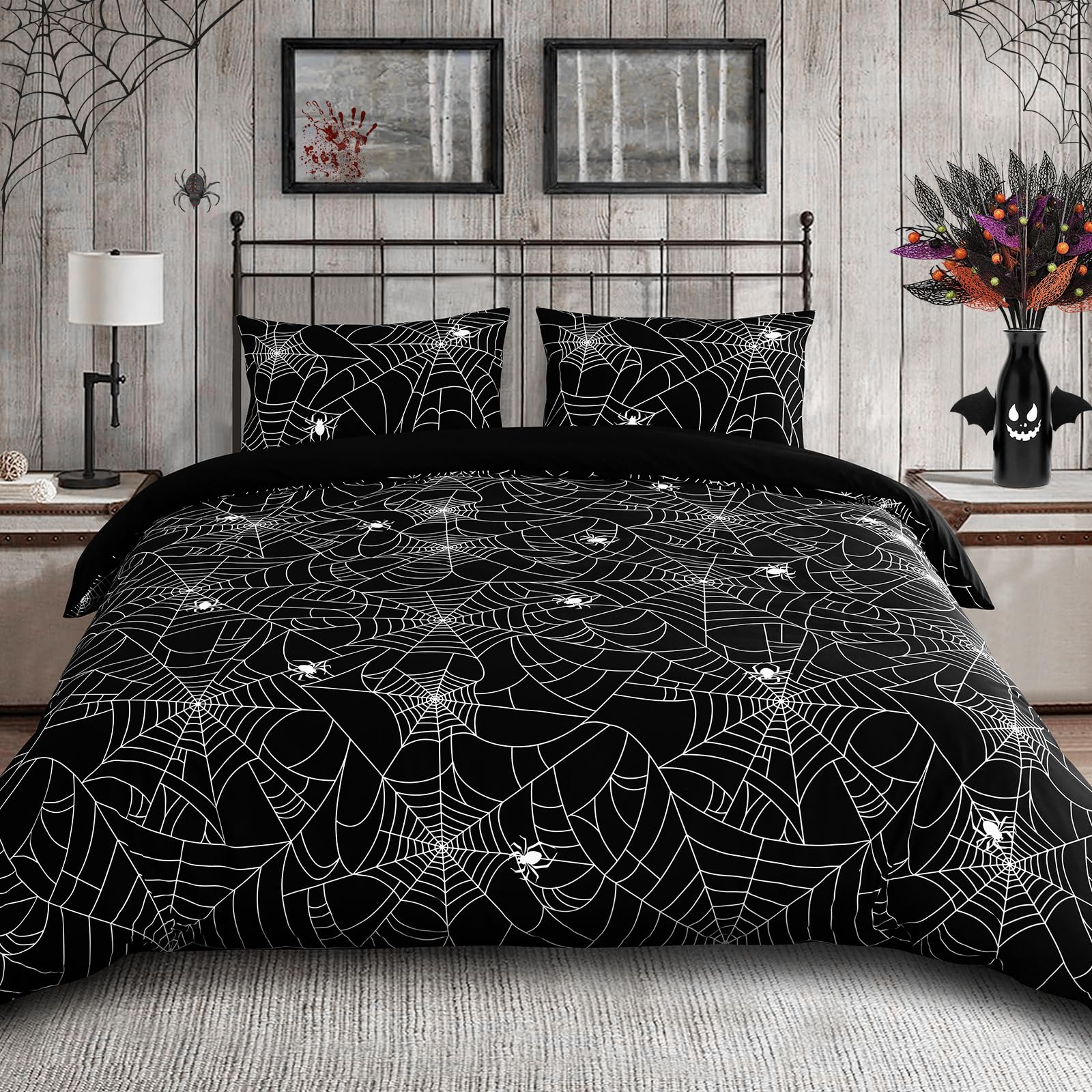 FRAMICS 3 Piece Halloween Duvet Cover Queen Size Spider Web Duvet Cover Set Halloween Bedding Set with Zipper Closure Black Comforter Cover Set Includes 1 Duvet Cover 90 x 90 inches & 2 Pillow Shams