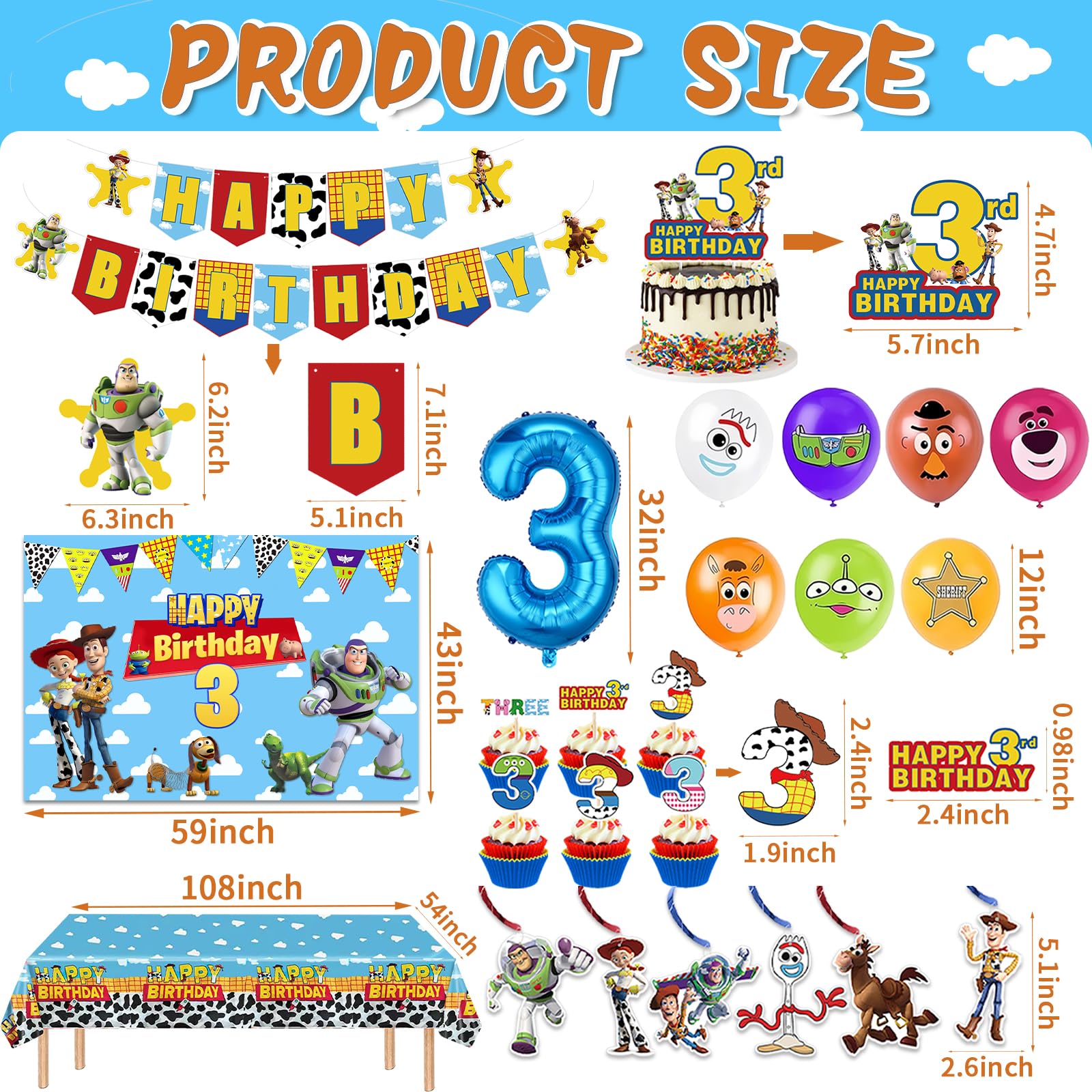 Toy Inspired Story Birthday Decorations For 3 Year Old,Include Happy Birthday Banner,Balloons,Backdrop,Tablecloth Cake Topper For 3rd Birthday Decorations for Boys.