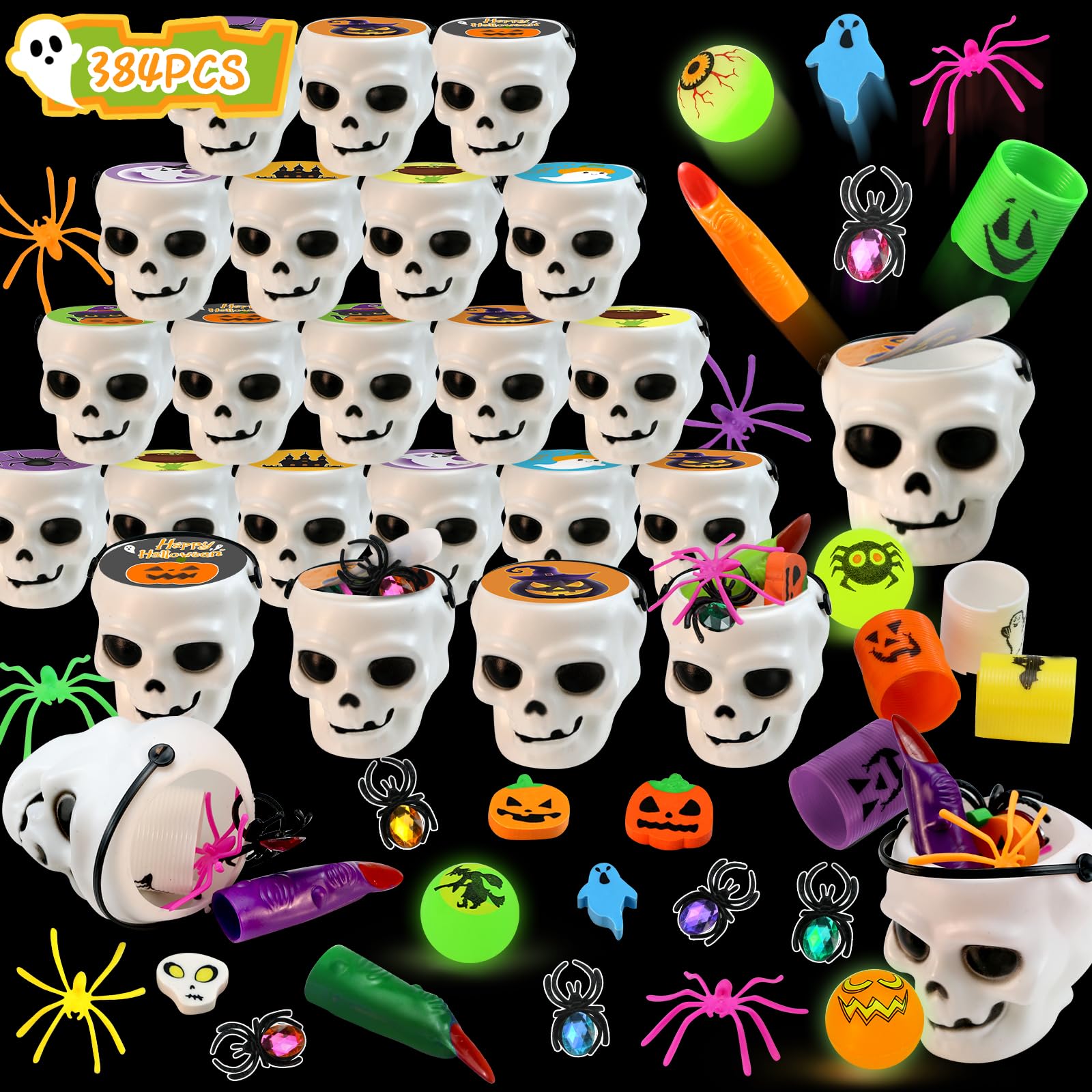 384PCS Halloween Party Favor Bulk for Kids, 48PACK Prefilled Ghost Cauldrons with 6 Halloween Toys inside, Halloween Goodie Bag Fillers, Halloween Prizes Gifts Miniatures for Kids,Trick or Treat