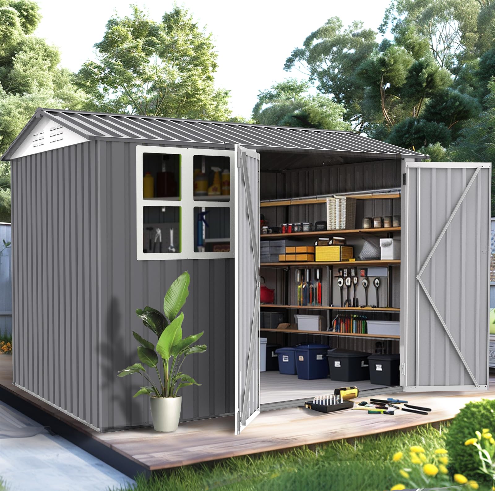 Large Metal Outdoor Storage Shed, 6 x 8 Ft, with Window, Galvanized Steel, Gray, for Backyard Garden Tools