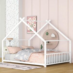 kids montessori floor bed frame, full size house bed frame with headband and slats, heavy duty metal montessori bed for kids, girls, boys, white floor bed full size