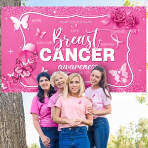 Tiamon Breast Cancer Awareness Backdrop Decorations Banner, Pink Ribbon Hope Party Survivor Party for Photography Background Pink Ribbon Walk Charity Party Supplies, 43.31 x 72.83 Inch (Pink, White)