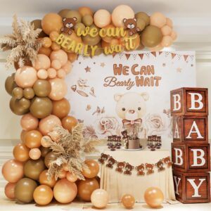 bearly wait baby shower decorations, brown balloon garland arch kit, balloon boxes with letters, bearly wait banner backdrop for boho gender reveal bear theme birthday baby shower party decorations