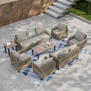 EAGLE PEAK Modern Wicker Outdoor Patio Furniture Set, Patio Conversation Set, 2 Patio Chairs, 2 Swivel Rocker Chairs, 3-Seat Sofa, Loveseat, Coffee Table and Side Table, 8 Pieces, Brown/Gray