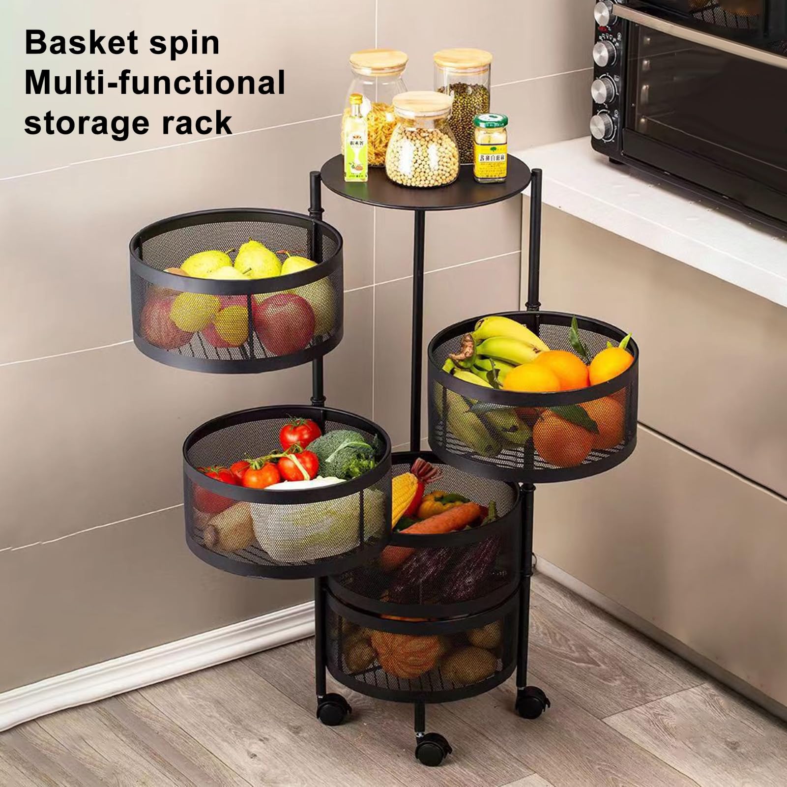 clinmday Rotating Storage Shelf with Wheels, Fruit Vegetable Basket for Kitchen Cart with top lid Bathroom Shelf, Kitchen Organization and Storage, Metal Wire Wheels (3 4 5-Tier, Black) Black Five La