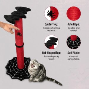 Gothic Cat Scratching Post 34 inch with Sturdy Spider Web Floor Foundation and Bat Shaped Top with Spider Toy, Halloween Cat Scratcher, Cat Tower with Scratching Post, Black and Red Color Littlesy