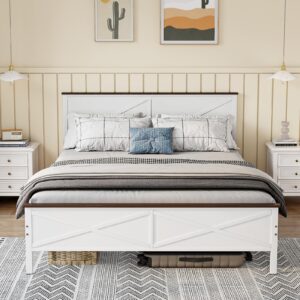 vopeak farmhouse queen bed frame with headboard and footboard, bed frame queen size metal platform with under bed storage, noise free, no box spring needed, easy to install, sturdy & stable, white