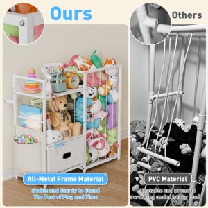 Metal Stuffed Animal Storage Toy Organizer - Kids Toy Storage Organizer with Toy Box, Stuffed Animal Zoo Storage with Bins, Toy Shelf Organizer Storage for Kids Room Playroom Nursery Bedroom (White)