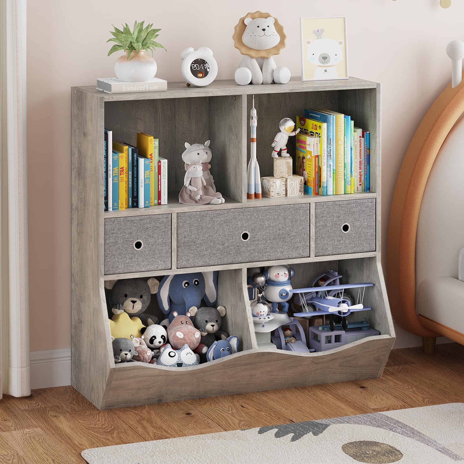 IDEALHOUSE Kids Toy Storage Organizer with 3 Movable Drawers, 3 Tier Children Bookcase and Bookshelf, 7 Cubby Toy Storage Cabinet, Toy Shelf for Playroom, Bedroom, Living Room, Nursery,Grey