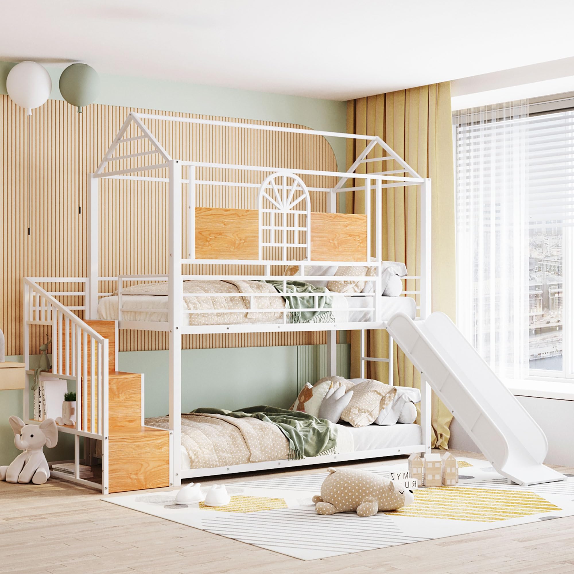 BOVZA House Bunk Bed with Slide and Stairs, Twin Over Twin Metal Bunk Beds Frame with Roof and Storage Staircase for Kids Boys Girls Teens, White