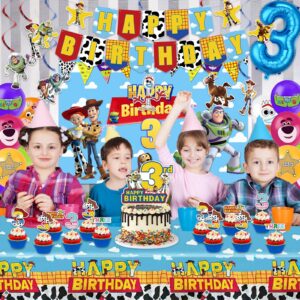 Toy Inspired Story Birthday Decorations For 3 Year Old,Include Happy Birthday Banner,Balloons,Backdrop,Tablecloth Cake Topper For 3rd Birthday Decorations for Boys.