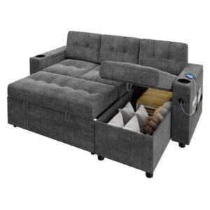 garveehome sectional couch,sleeper sofa with pull out bed,l-shaped sofa couch bed,1 usb-a, 1 type-c,sofa bed- 2 in 1 pull out couch bed with storage space and arms for living room,dark gray