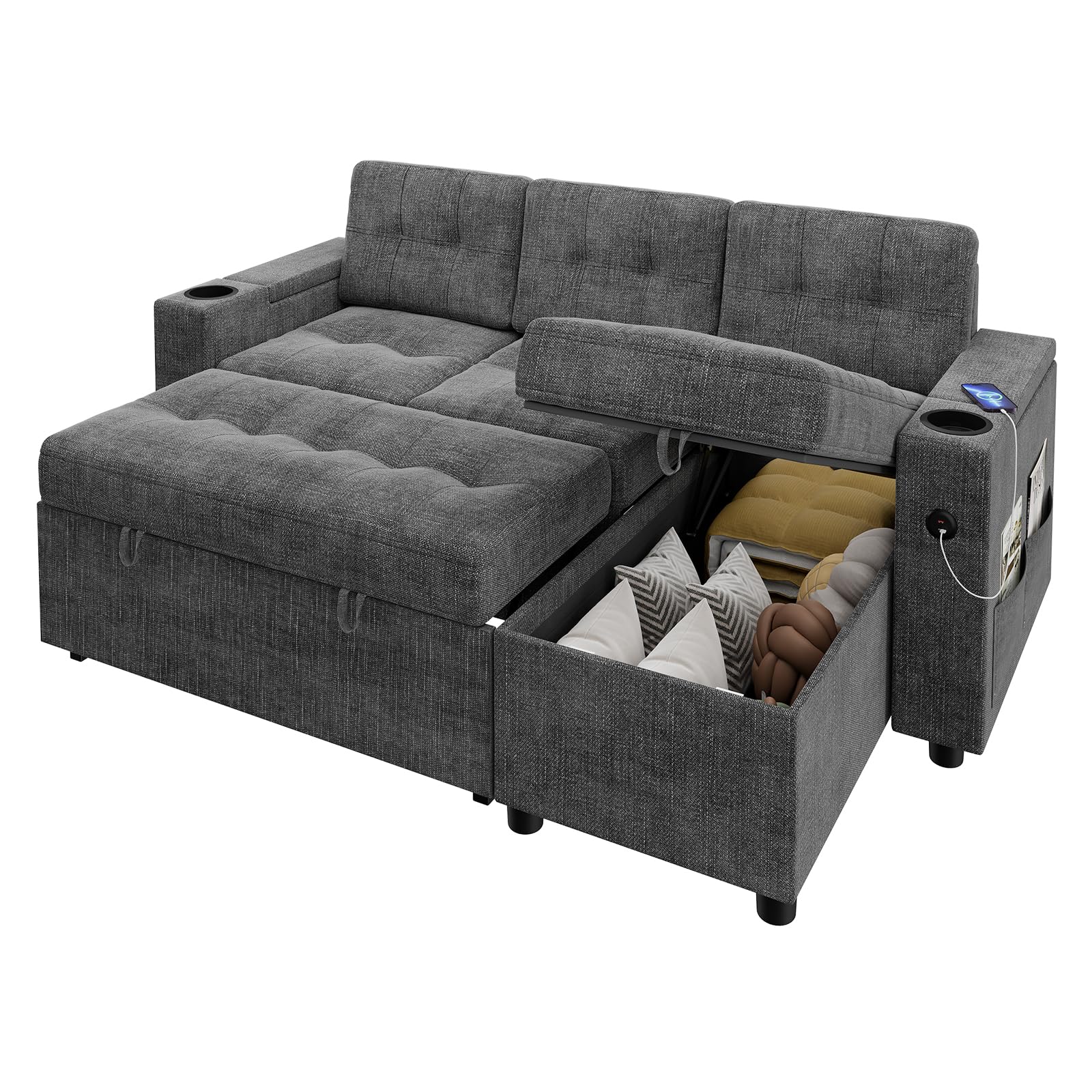 GarveeHome Sectional Couch,Sleeper Sofa with Pull Out Bed,L-Shaped Sofa Couch Bed,1 USB-A, 1 Type-C,Sofa Bed- 2 in 1 Pull Out Couch Bed with Storage Space and Arms for Living Room,Dark Gray