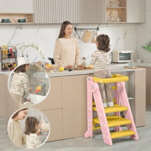 Toddler Standing Tower, Childs Kitchen Stool for Helping,Safety Rail, 2-3 Step Adjustable Ladder for Bathroom Sink & Kitchen Tower -Ages 18 Months to 4 Years (Pink)