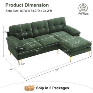 CALABASH 83" L Shaped Sectional Sofa, Chenille 3-Seater Sofa with Reversible Chaise, Modern Soft Cushion Fluffy Armrest Couch for Apartment Small Space Living Room (Green)