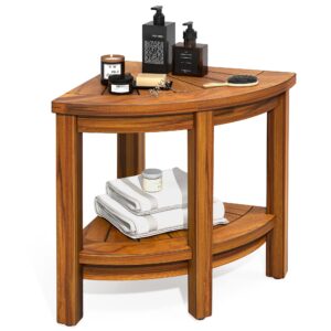 dwvo teak shower bench 18" shower stool corner bench with storage shelf, corner seat for inside shower, shower stool seat with non-slip feet for bathroom, living room, indoor and outdoor use