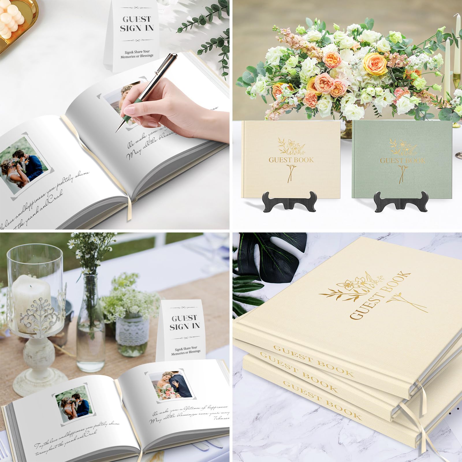 Wedding Guest Book with 216 Photo Corners Stickers, Linen Guestbook to Sign at Bridal Shower or Wedding Reception Party,100 Pages, Blank Thick Paper Books for Baby Shower Memorial Service- Beige