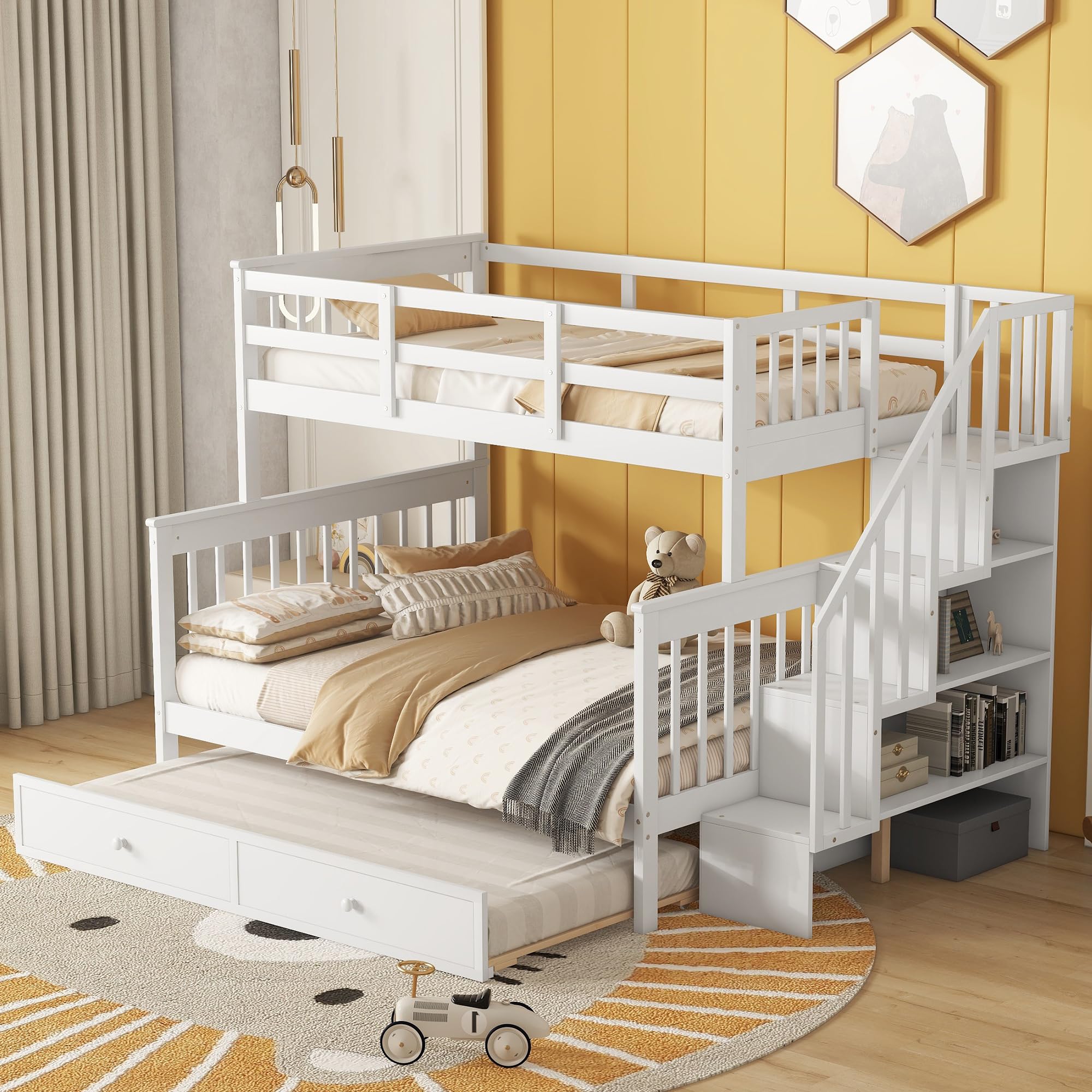 Morhome Twin Over Full Size Bunk Bed with Trundle and Storage Stairs, Solid Wood Stairway Triple Bunk Beds Stairway and Full-Length Guard Rail for Kids Teens Adults Bedroom, Can Be Divided