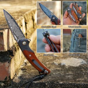 Handmade Forged Damascus Steel Folding pocket Knife, 3.07inch Damascus Steel Blade and 4.05inch Wood Handle,with pocket Clip,Retro Leather Sheath, EDC Pocket Knives for Camping Tactical Outdoor Knife.