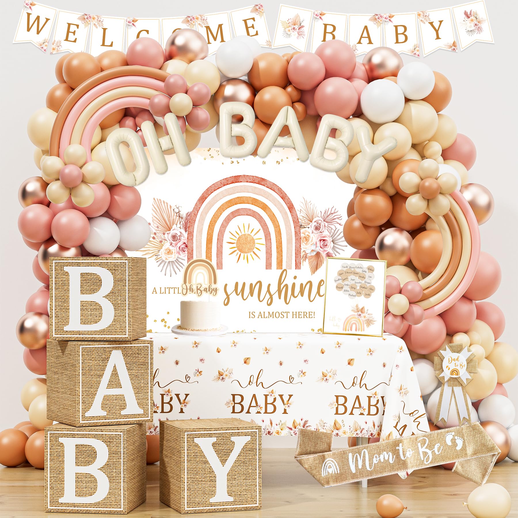 Boho Baby Shower Decorations, Boho Rainbow Baby Shower Party Supplies, A Little Ray of Sunshine is Almost Here, It’s a Girl Gender Reveal, Baby Shower Backdrop Balloon Arch Boxes Mom to Be Sash