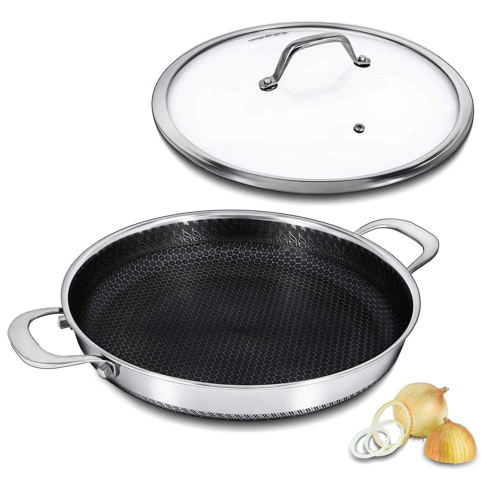 Bakoniion Hybrid Nonstick Skillet with Lid 13 Inch, Stainless Steel Paella Pan with Two Handles Multi-Functional Pan Dishwasher and Oven Safe